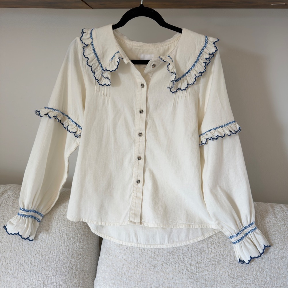 White Ruffled Collar Button-Front Blouse with Blue Trim - Picture 2 of 6